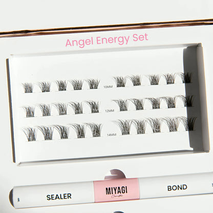 MiyLash Angel Energy Set with 10mm, 12mm, and 14mm lash clusters, featuring sealer and bond for long-lasting eyelash enhancement.