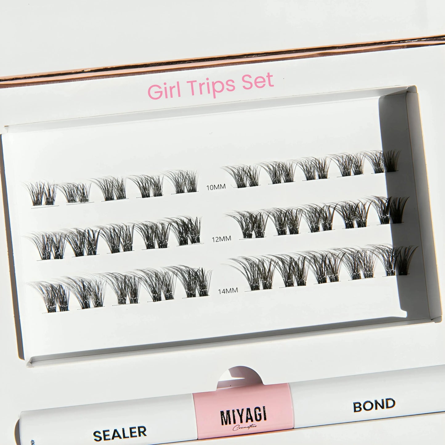 MiyLash Girl Trips Set with multi-length lash clusters (10mm, 12mm, 14mm), designed for natural and fuller-looking lashes, with sealer and bond included.