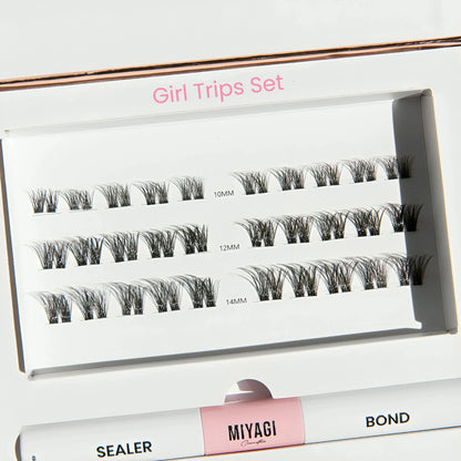 MiyLash Girl Trips Set with multi-length lash clusters (10mm, 12mm, 14mm), designed for natural and fuller-looking lashes, with sealer and bond included.