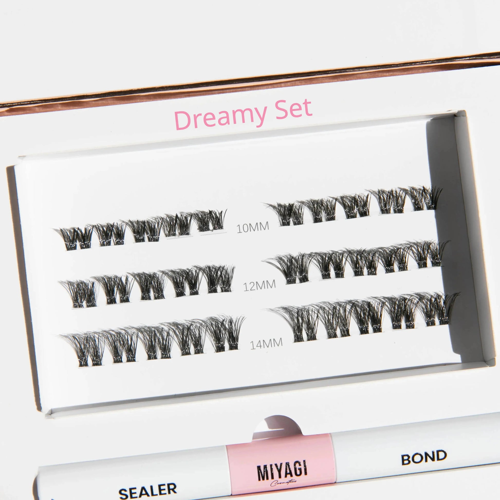 MiyLash Dreamy Set with customizable 10mm, 12mm, and 14mm lash clusters, designed for soft, fluttery lashes, with sealer and bond.